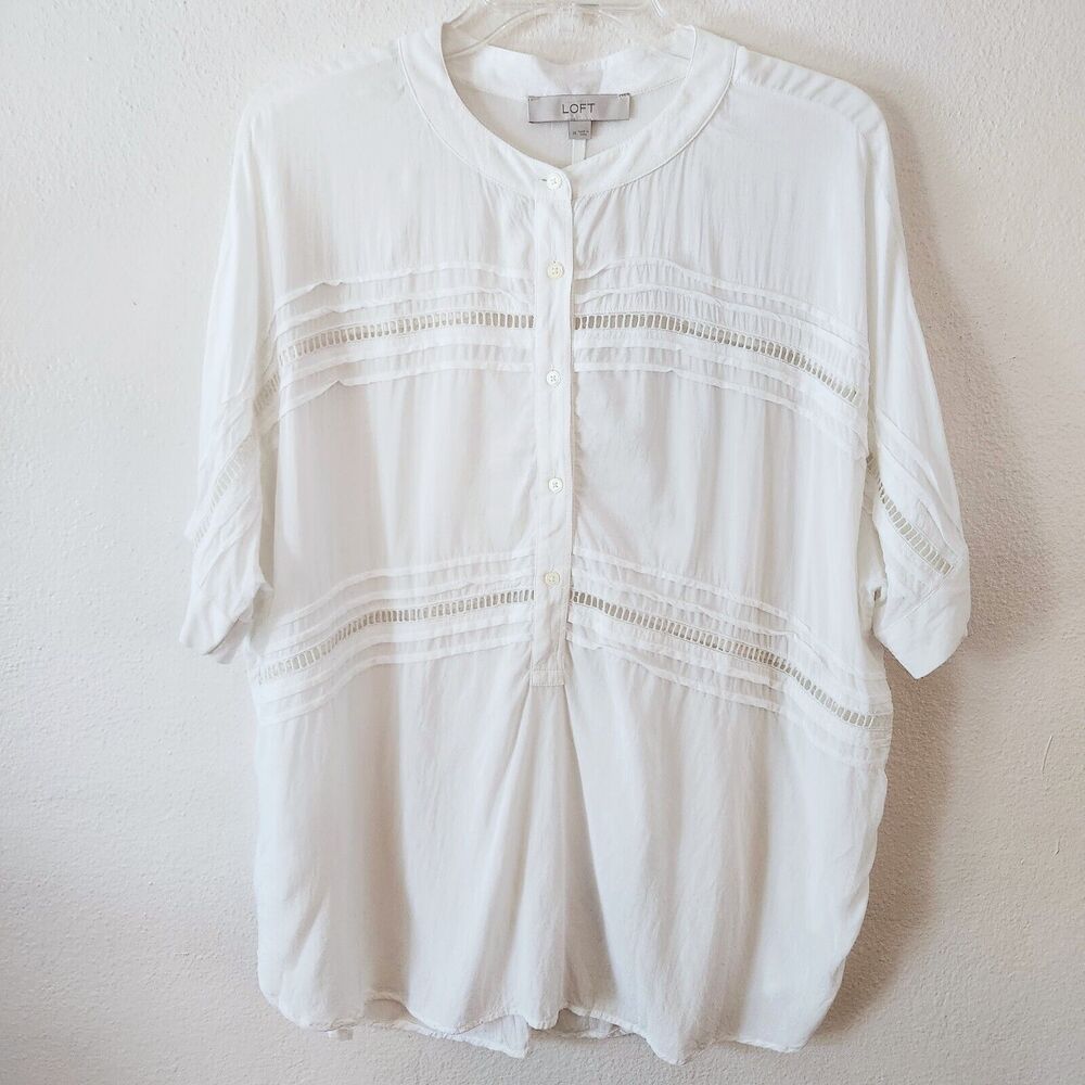 ANN TAYLOR LOFT Oversized White Dolman Ladder Lace Blouse 3/4 Sleeves Crochet M